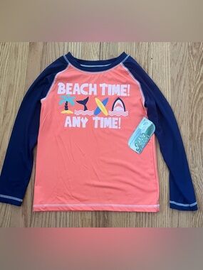 Coral & Navy Kids Long-Sleeve Rash Guard - Beach Time Graphic